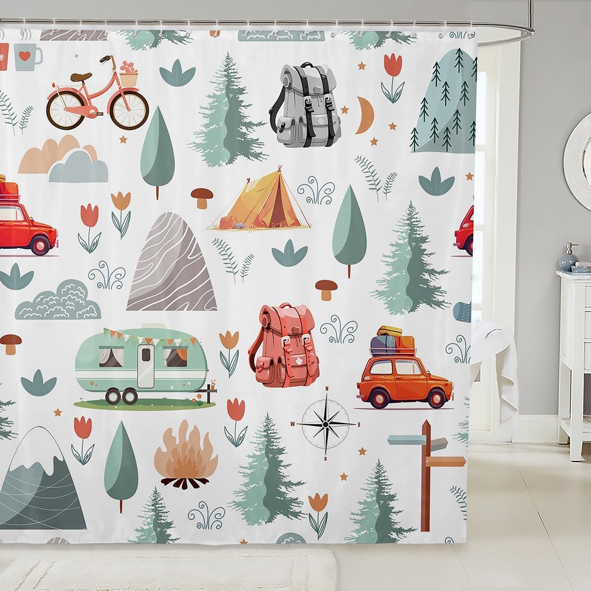 Camper Theme Shower Curtain, Happy Camping Bathroom Shower Curtain Sets, Travel Car Rv Accessories Fabric Shower Curtain, Botanical Flowers Mountain Adventure Bath Curtain Bathroom Decor 72"Wx78"L