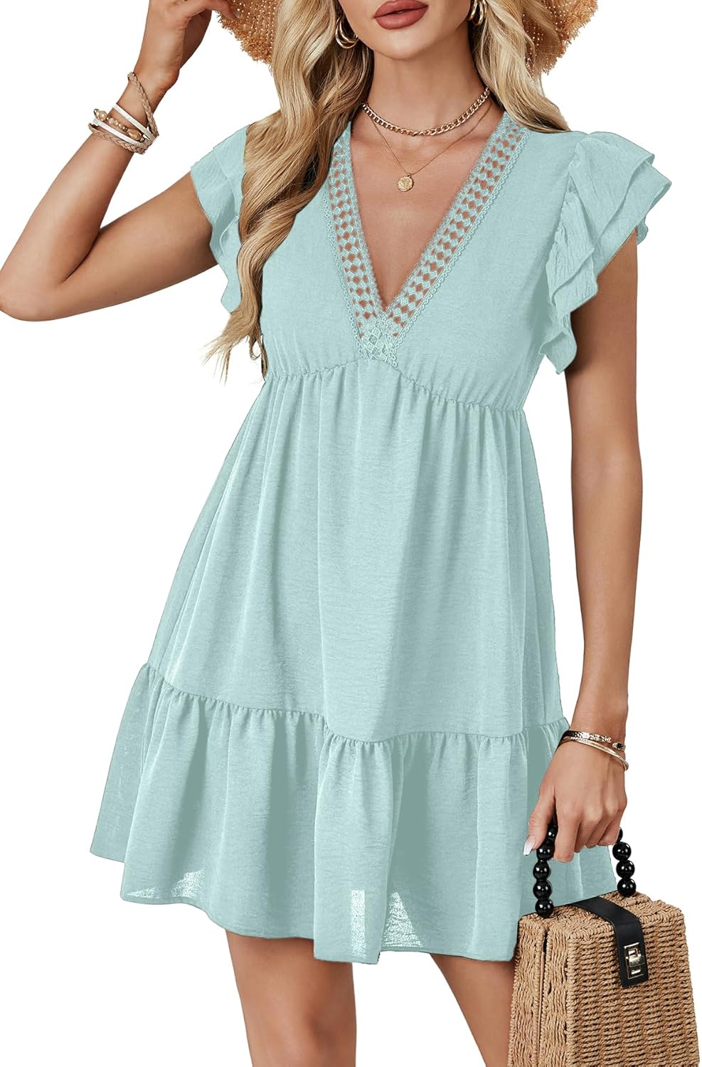 LYANER Women's Deep V Neck Ruffle Short Sleeve A Line Swing Flared Cocktail Party Mini Dress - Image 2