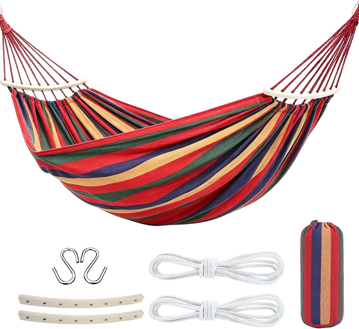 Double Hammock,2 Person Portable Camping Hammock Bed with Anti Roll Balance Beam & Tree Straps,550lbs Capacity for Porch Garden Patio Backyard Indoor Outdoor Red