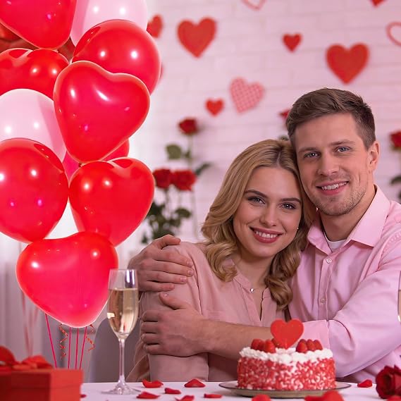 60Pcs Pink and Red Heart Shaped Balloons, Valentine Party Decorations, Red Valentine's Day Balloons Set with Ribbon, for Birthday Bridal Engagement Wedding Valentine Party Decorations