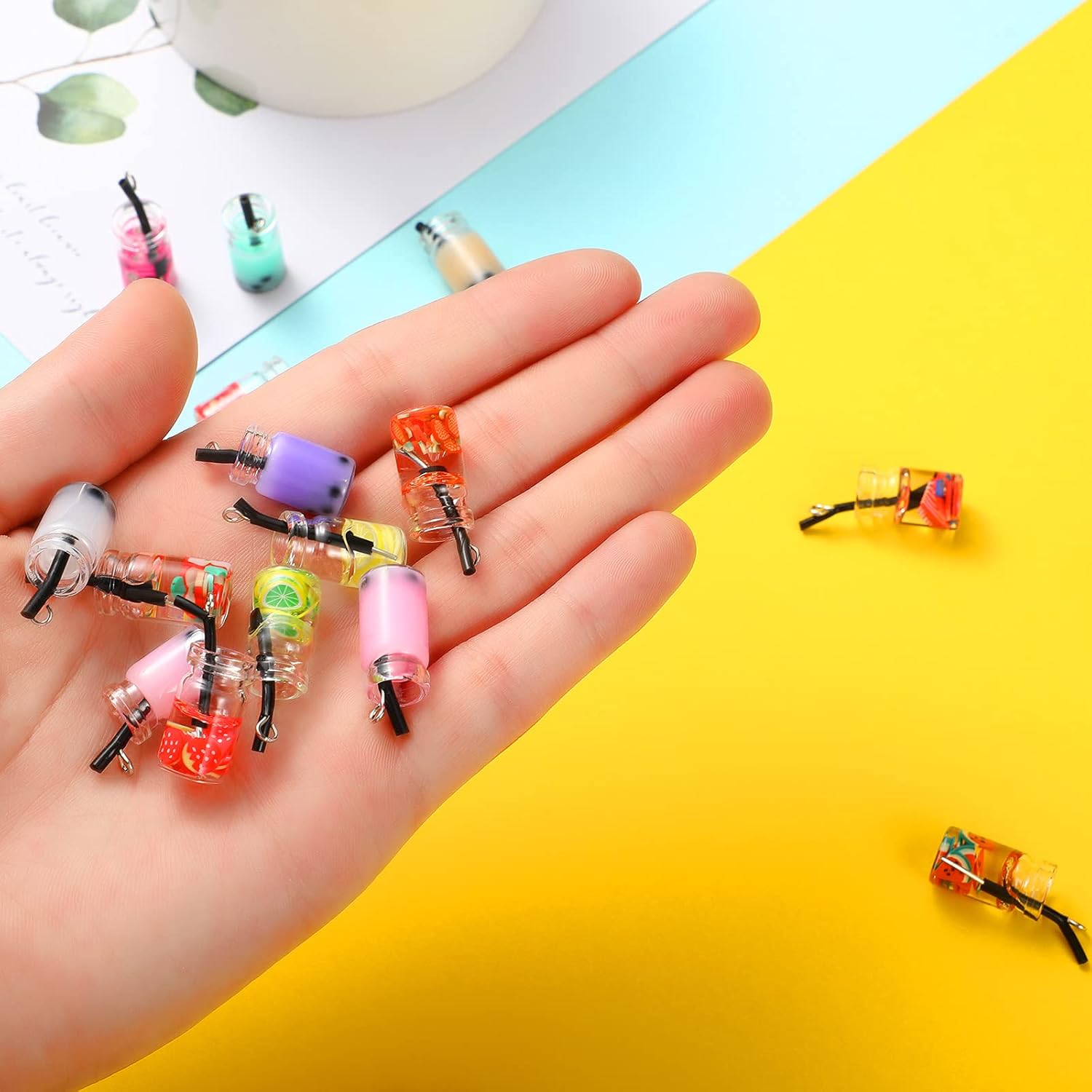 Hicarer 104 Pcs Milk Tea Charms Mini Colorful Bottle Charms Fruit Juice Pendant for DIY Jewelry Craft Earring Keychain - Image 7