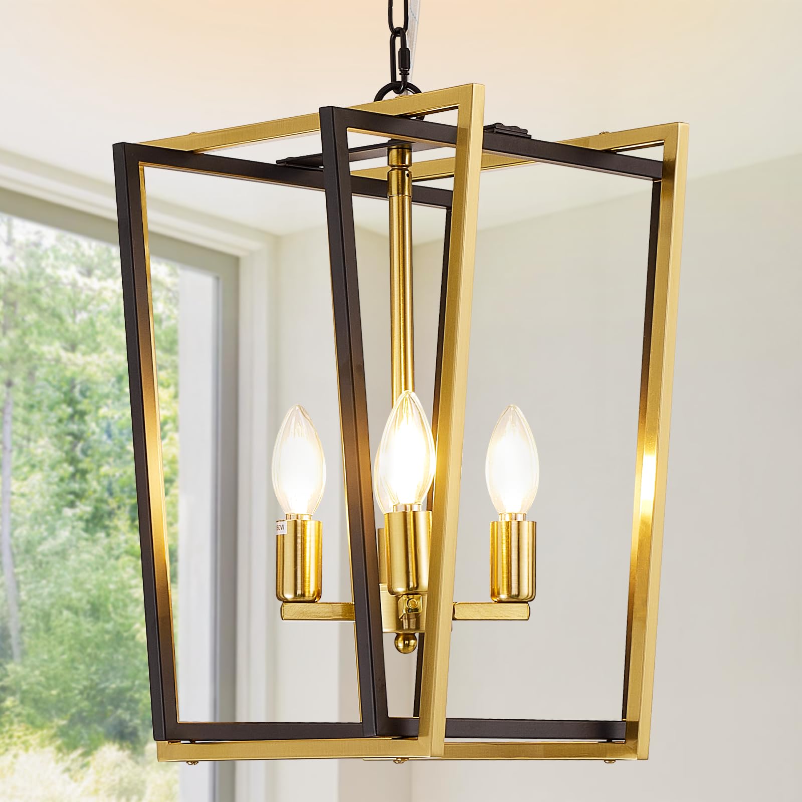 WJShome Industrial 4 Lights Chandelier, Black and Gold Lantern Ceiling Light Fixtures, Adjustable Height Farmhouse Geometric Hanging Light for Kitchen Island, Dining Room, Entryway