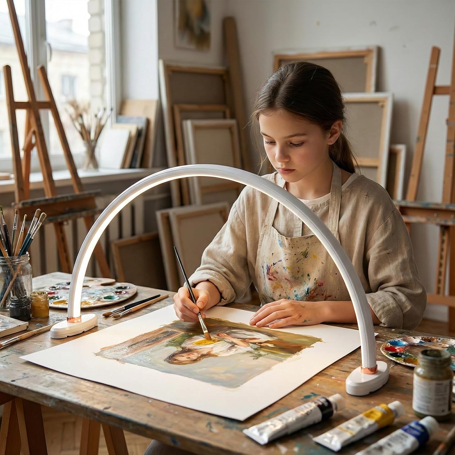 Half Moon Light for Nail Desk 20 inch Nail Desk Light Half Moon Lamp Portable Arch Lamp Dimmable with Foldable Bracket for Desk Salon Table Use, 3 Color Temperature