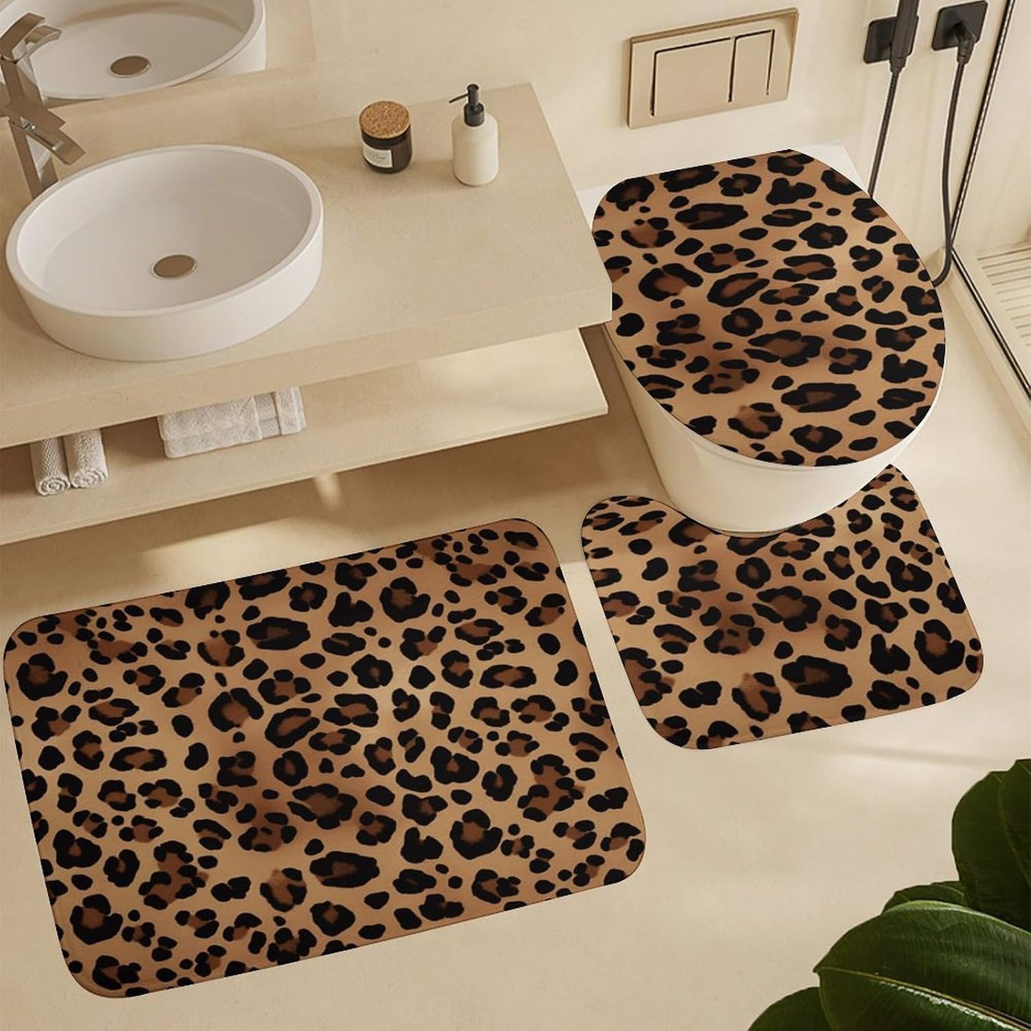 Leopard Print Bath Rug Set 4 Piece,Bathroom Accessories Set-Toilet Rugs U Shaped,Toilet Lid Cover,Shower Curtain and Rugs,Ultra Soft, Absorbent,Home Decor