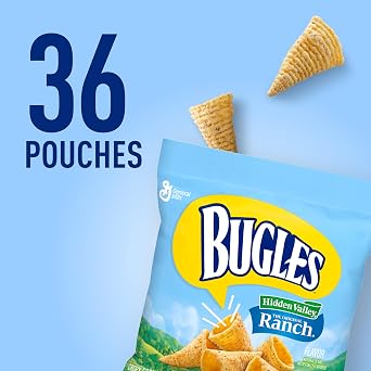 Bugles Corn Snacks, Ranch Flavor, Single Serve Pouches, 36 Ct, 3.38 lb Case