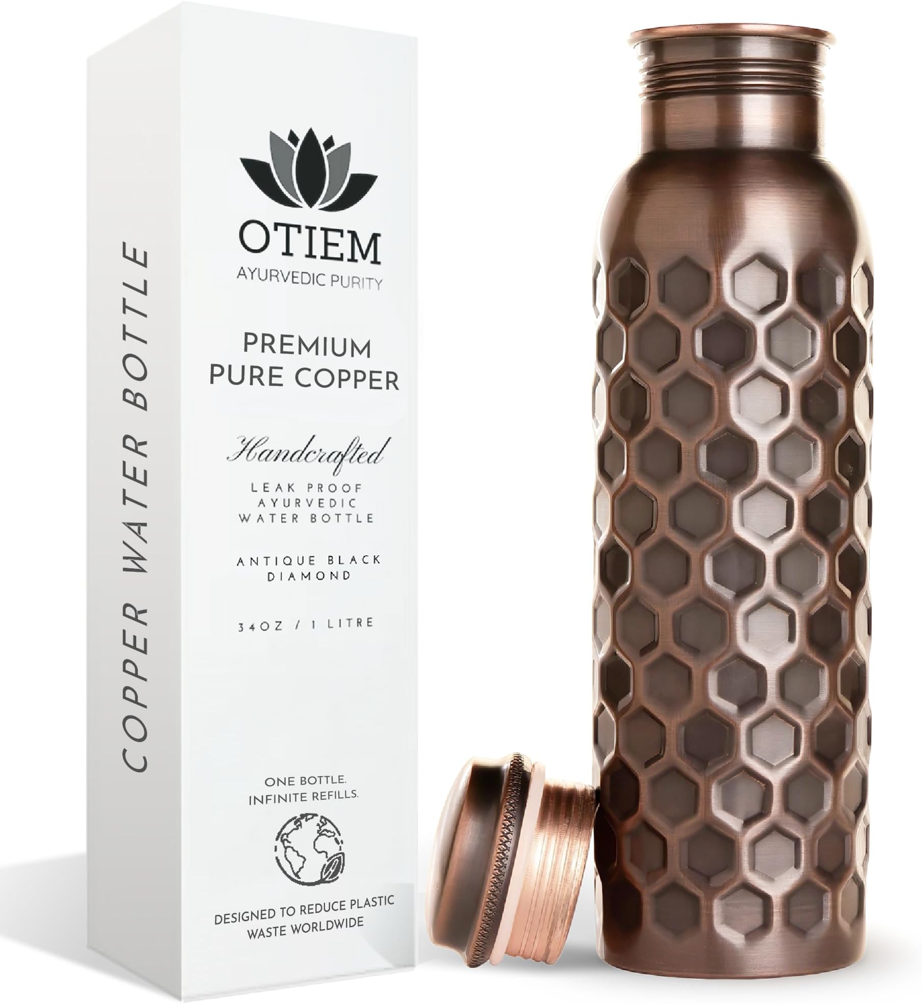 Otiem 100% Copper Water Bottle for Drinking Water, 34 Oz Antique Black – Stay Hydrated and Enjoy Ayurvedic Benefits – Leak-Proof, Temperature Retention, Eco-Friendly Design – Durable Copper Bottle
