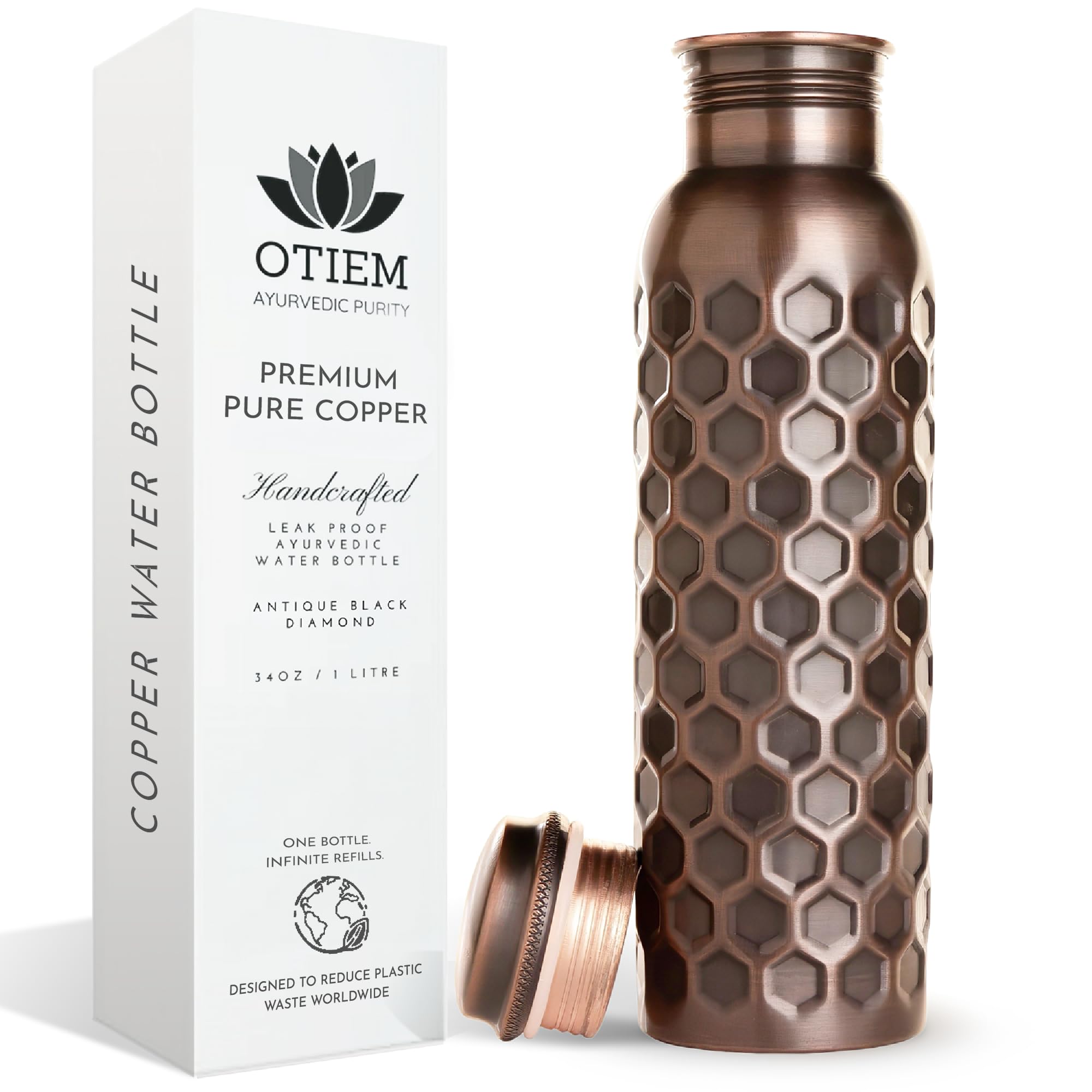 Otiem Pure Copper Water Bottle for Drinking Water, 34 Oz Antique Black – Stay Hydrated and Enjoy Ayurvedic Benefits – Leak-Proof, Temperature Retention, Eco-Friendly Design – Durable Copper Bottle