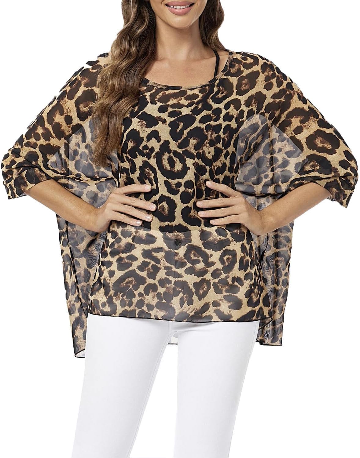 Rokou Women Chiffon Blouse Floral Batwing Sleeve Beach Cover Loose Tunic Shirt Tops - Image 3
