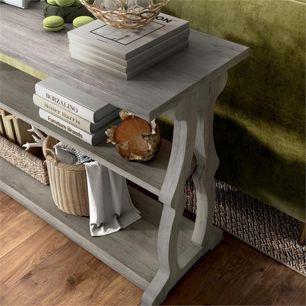 BOWERY HILL Modern 2-Shelf Console Table, 47 in x 17 in x 30 in, Vintage Gray Oak Finish, MDF and Particle Board, Farmhouse Style, Spacious Storage Shelves for Living Room or Entryway Decor