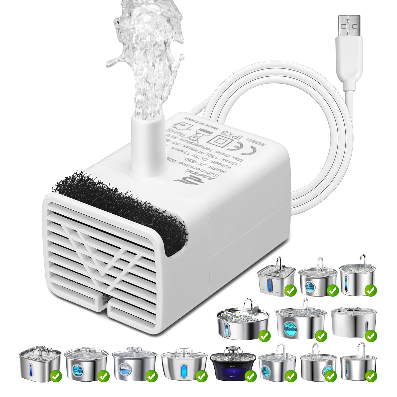 Bomba de fuente de agua para gatos, bomba de repuesto ultra silenciosa JY-830 para fuente de mascotas de acero inoxidable, motor USB de repuesto para dispensador de agua para gatos interiores