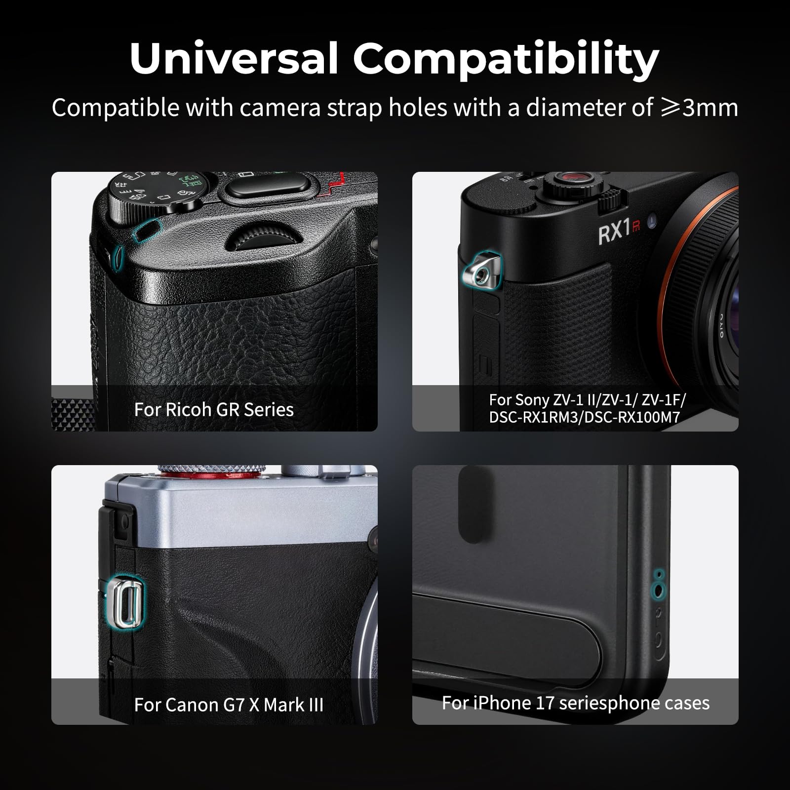 SMALLRIG Bandoulière à Dégagement Rapide pour Ricoh série GR, Portable et Protectrice, pour Sony ZV-1 II/ZV-1 / ZV-1F, pour Canon G7 X Mark III, Coques de Téléphone pour iPhone série 17, Noire -5686