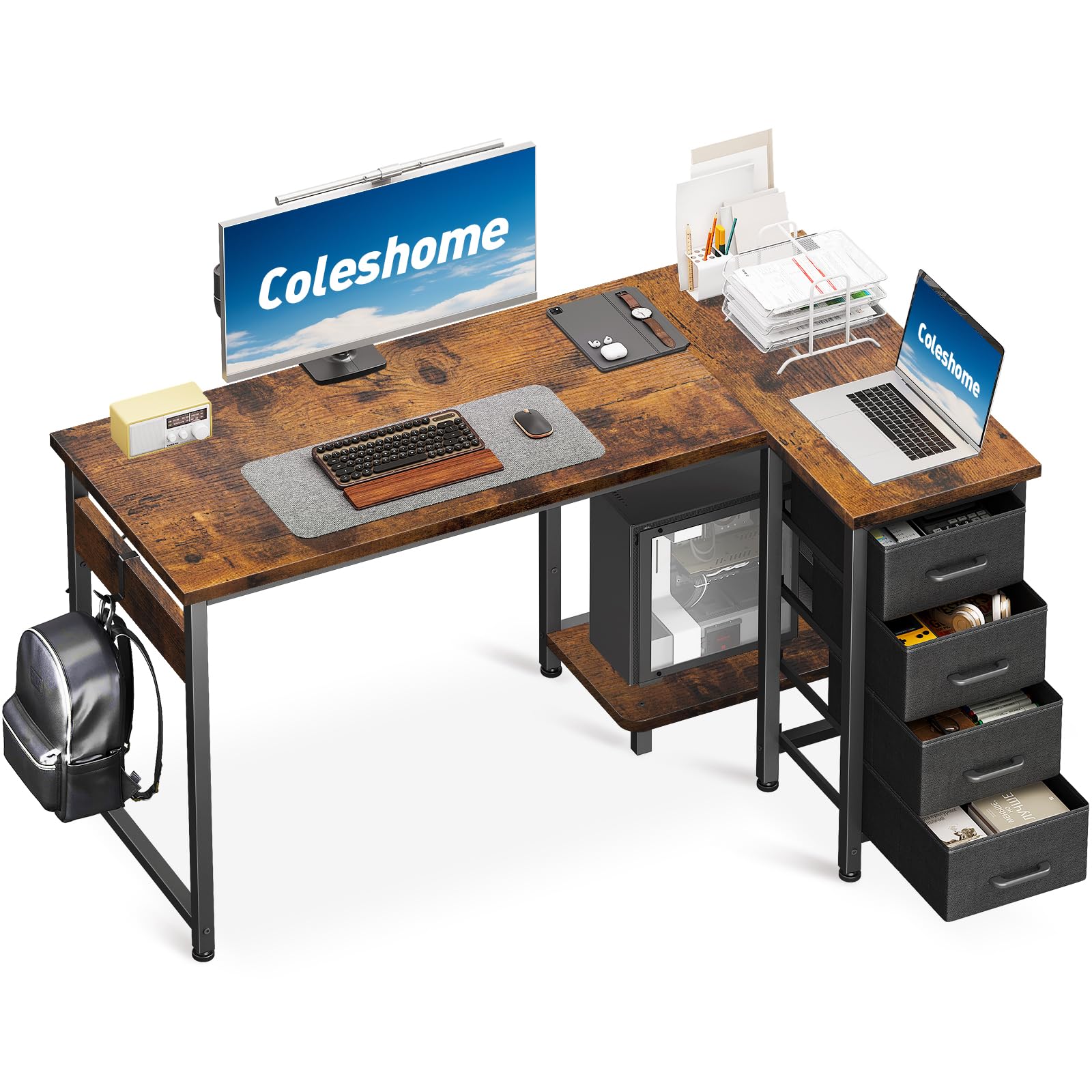 Coleshome Computer Desk with Drawers, 120x70 cm Corner Desk for Home Office, Reversible L Shaped Office Desks Vintage Brown