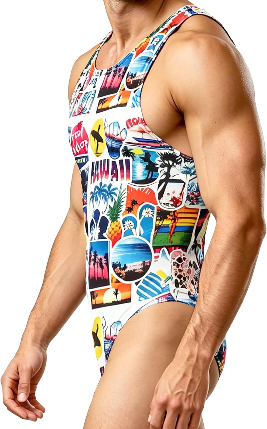 Men's Hawaiian Printed Sleeveless Slim Fit High Cut One Piece Bodysuit