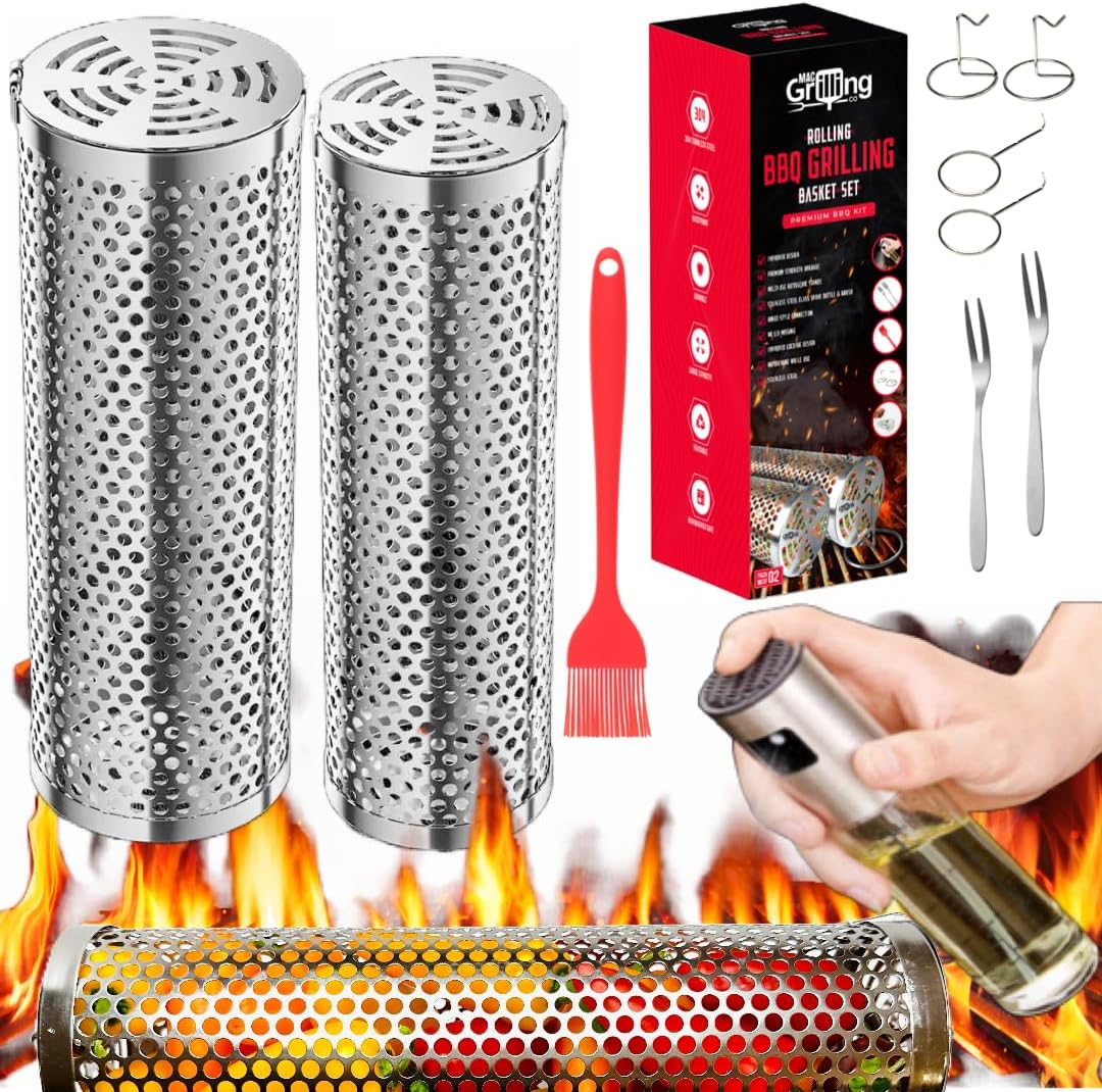 2 Rolling BBQ Grilling Basket – 360 Degree Rolling Grill Baskets For Outdoor Grill with 2 Turning Black Forks, Including 2 Handling Hooks, Premium Spray Bottle - Portable Grill Baskets for Fish,
