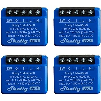 Shelly 1 Mini Gen 3 Pack of 4 WiFi & Bluetooth Smart Switch Relay 1 Channel 8A Home Automation Compatible with Alexa and Google Home iOS Android App No Hub Required Dry Contacts