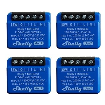 Shelly 1 Mini Gen 3 | 4 Pack | WiFi and Bluetooth Smart Switch 1 Channel 8A | Home | Compatible with Alexa and Google Home | iOS/Android App | Dry Contacts