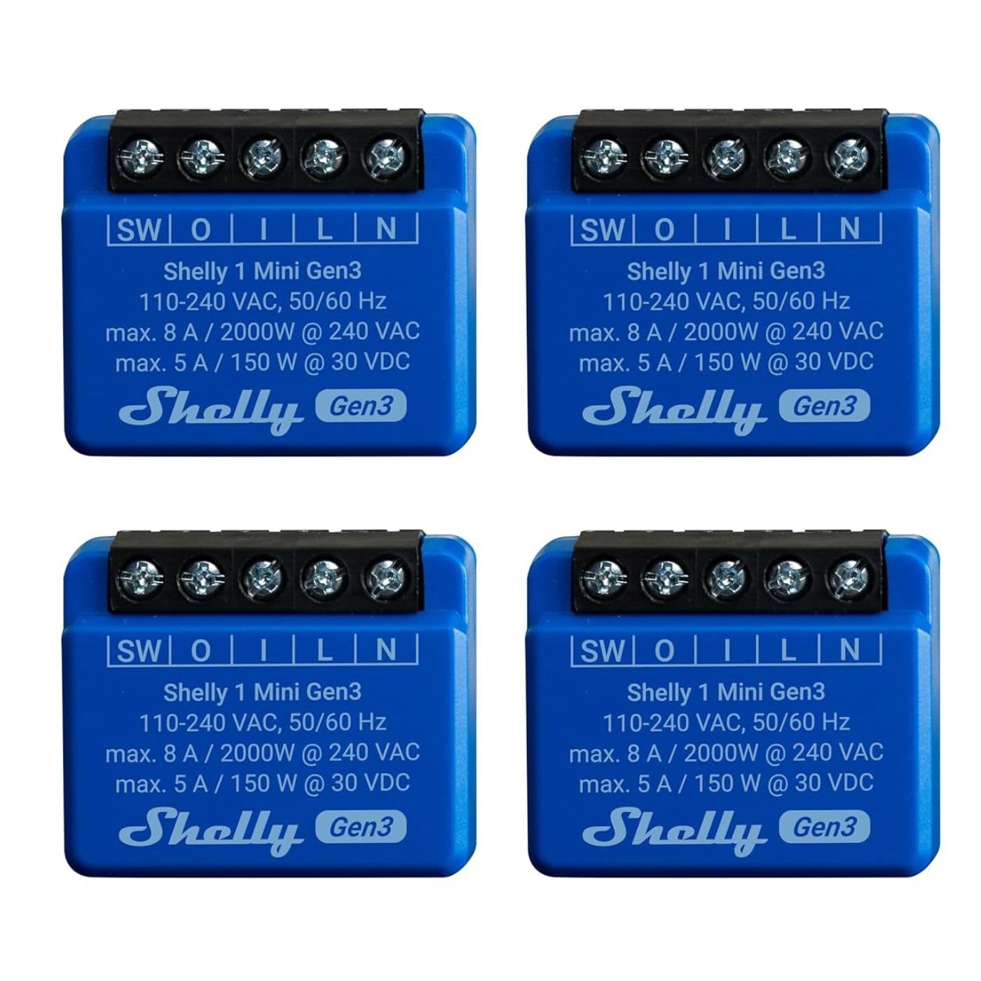 Shelly Shelly 1 Mini Gen 3 | Lot de 4 | Relais Smart Switch WiFi & Bluetooth 1 canal 8 A | Domotique | Compatible avec Alexa et Google Home | Application iOS Android | Pas de hub nécessaire | Contacts secs