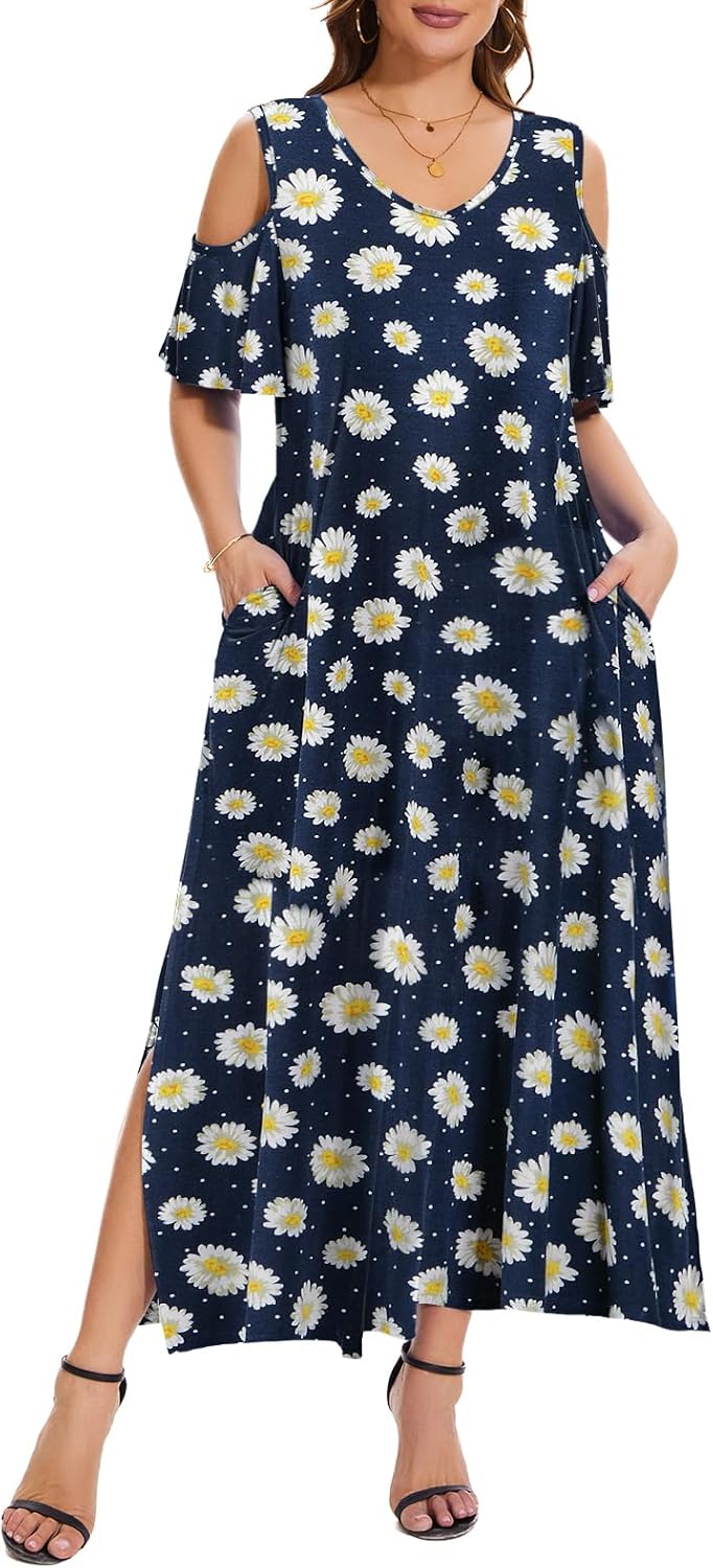 Plus Size Dresses for Women Summer V Neck Cold Shoulder Short Sleeve Split Long Beach Dresses with Pockets