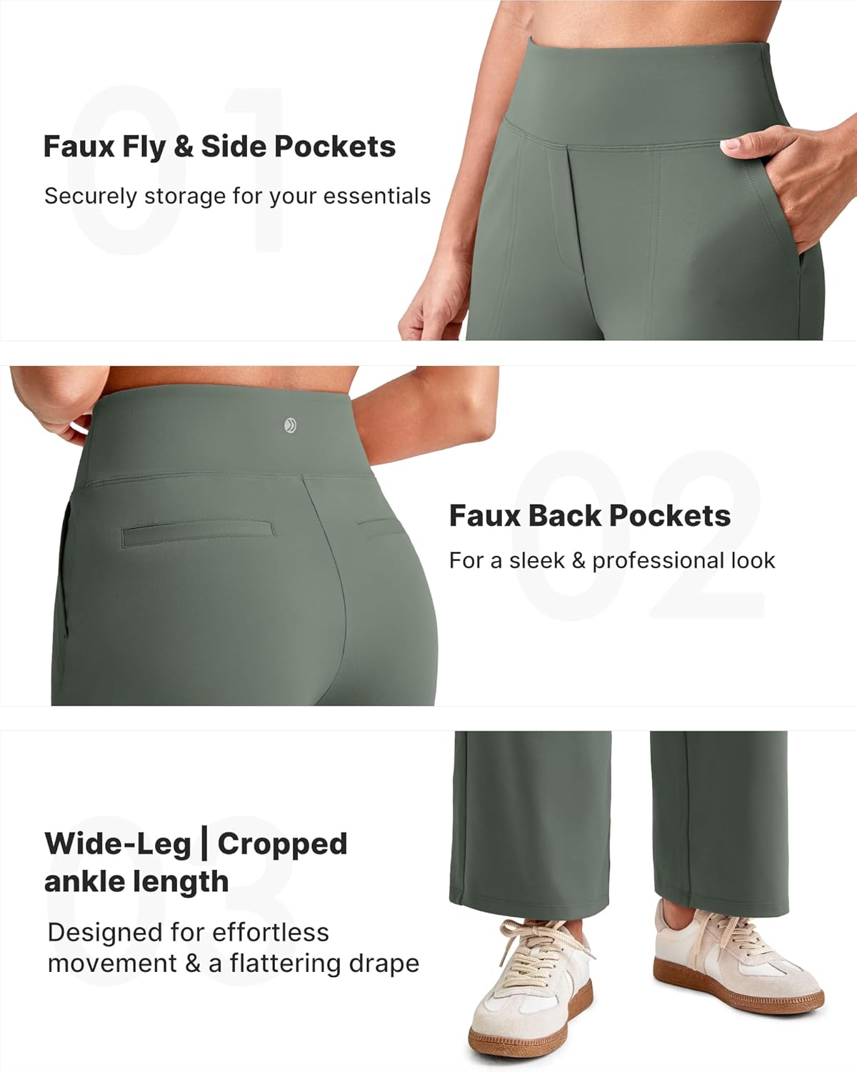 G4Free High Waist Ankle Length Womens Cropped Pants Wide Leg Yoga Trousers for Summer Business Casual Work Pants with Pockets(Grey Sage,L,29.5") - Image 3