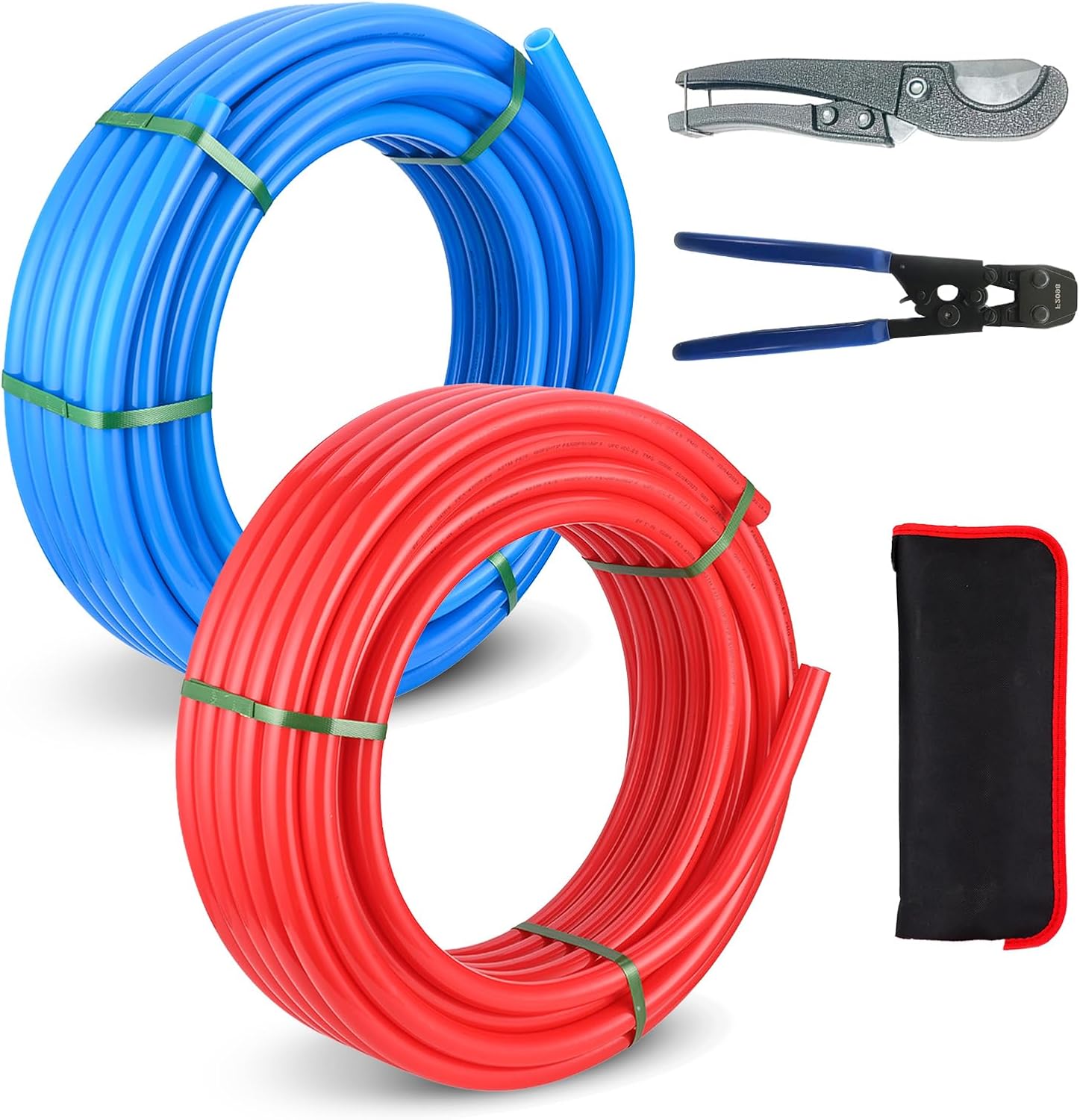 3/4 Inch Niikappu Blue & Red PEX-B Pipe, 2 x 100 Ft (200 Ft) Pex B Tubing for Hot/Cold Water Plumbing Application with Crimping Tool and Cutter In Heavy-Duty Canvas Bag(AB-4)