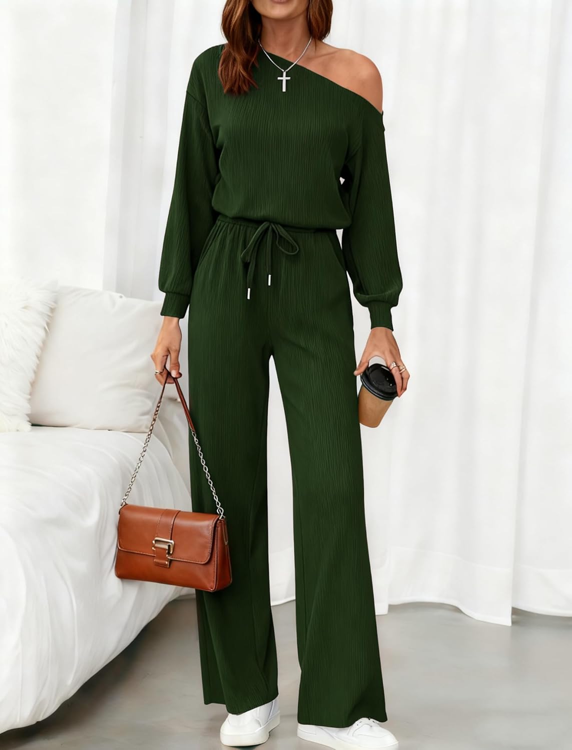 chicyes Women's Jumpsuits Dressy Long Sleeve One Shoulder Wide Leg Pants Romper Casual Fall Vacation Travel Winter Outfits - Image 5