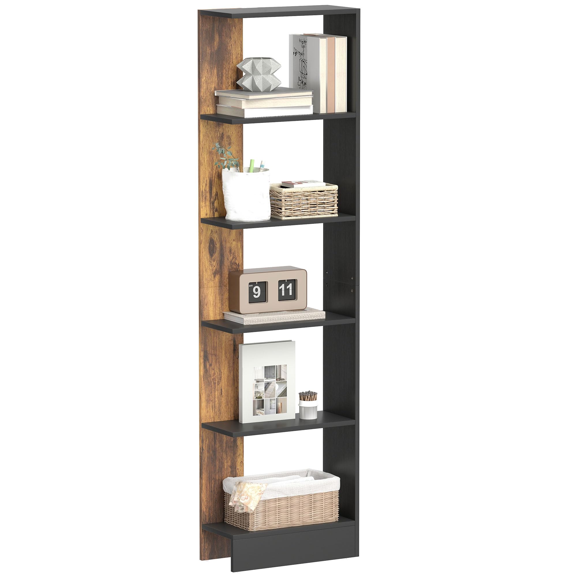 HOMCOM Mobiletto Scaffale Stretto a 5 Ripiani, Scaffale Portaoggetti Salvaspazio Moderno in Legno, Libreria per Bagno, Soggiorno, Camera da Letto, Studio e Ufficio, 45x21x170 cm, Marrone Rustico