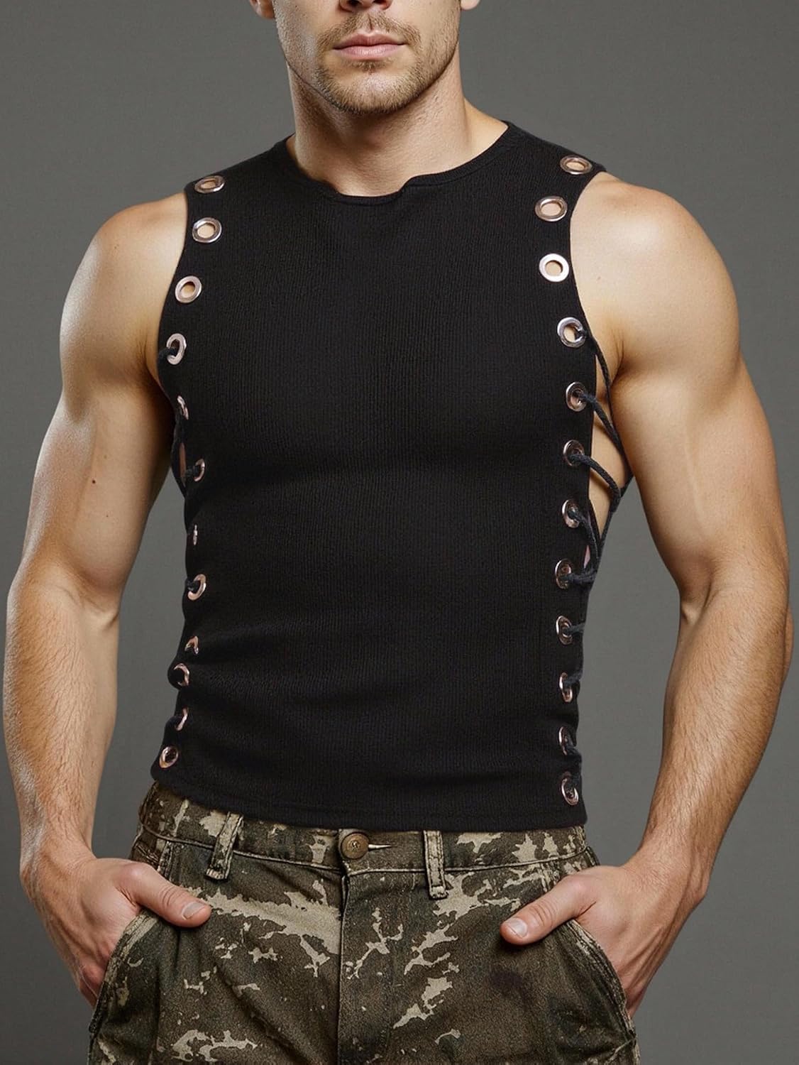 GORGLITTER Men's Grommet Cropped T Shirt Y2K Rave Top Going Out Outfits Sleeveless Shirts Party Club Tank Tops
