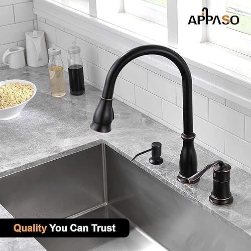 Miniatura 7 de APPASO APS218ORB - Grifo de cocina extraíble de 3 agujeros con rociador de bronce aceitado, 3 piezas, grifo de fregadero de cocina extraíble con