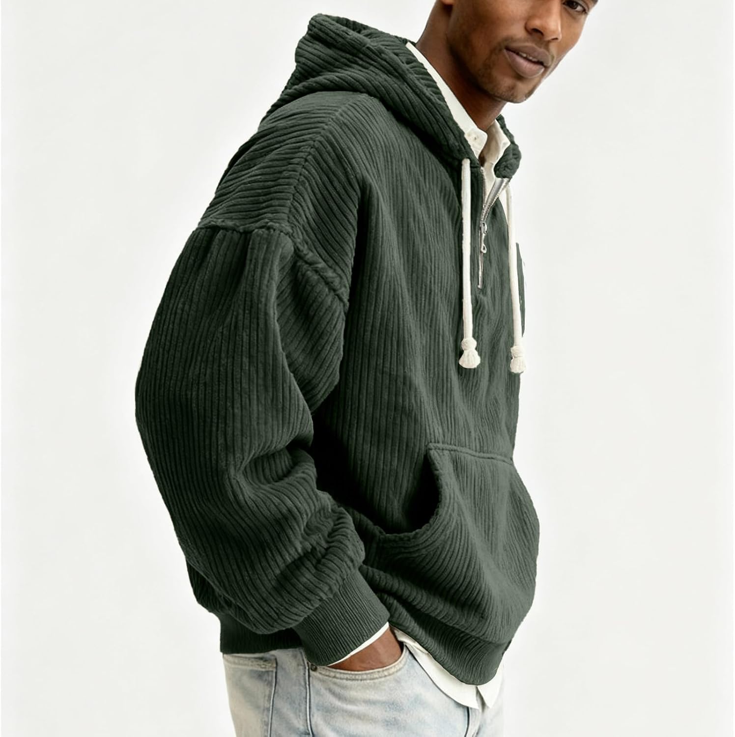 Hawyet Mens Corduroy Hoodies Ribbed Texture Long Sleeve Oversized Hoodie Winter Fall Casual Quarter Zip Pullovers(,0) - Image 3