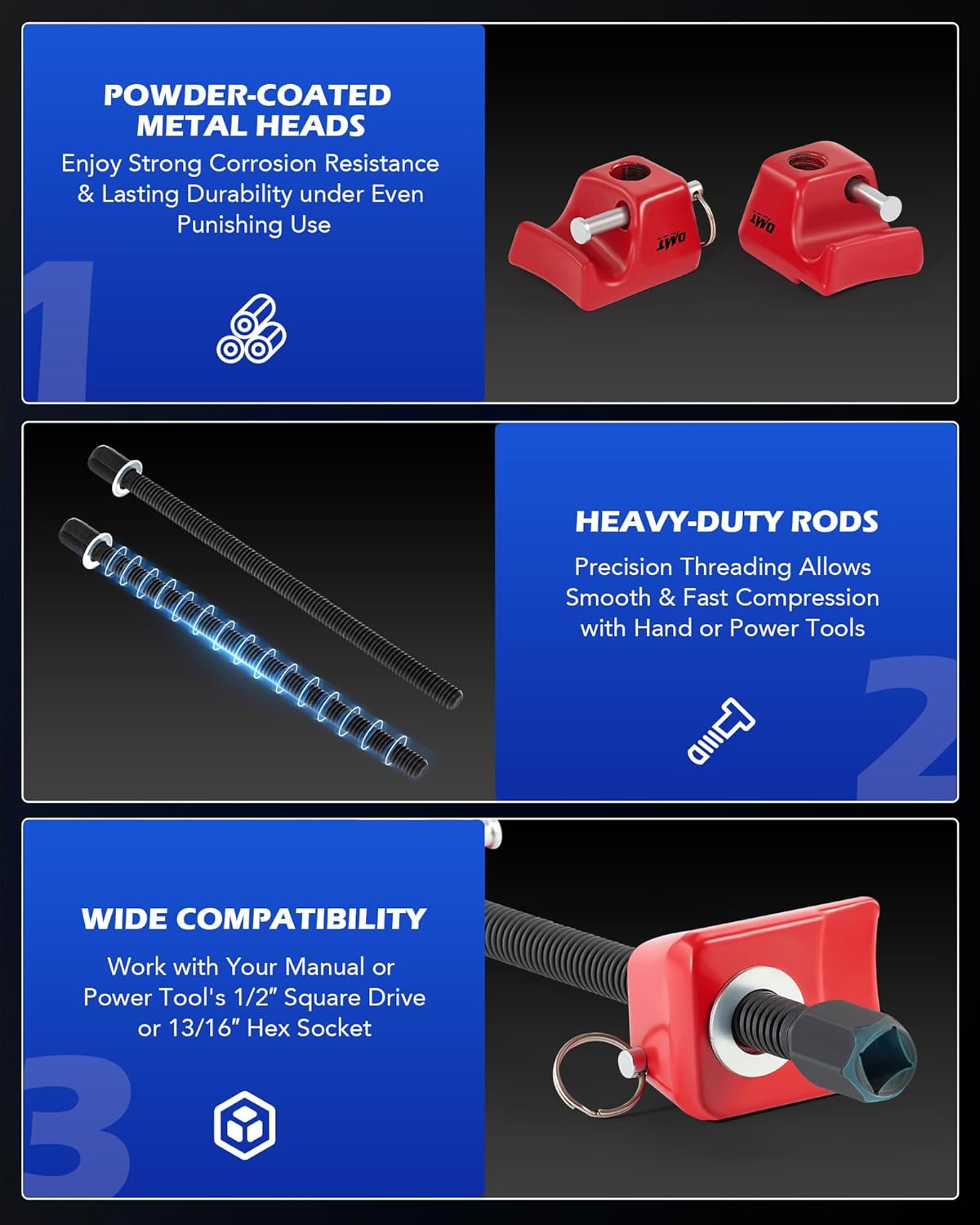 Orion Motor Tech 2pc Macpherson Strut Spring Compressor Tool Set with 10.5" Range, Heavy Duty Coil Spring Compressor Tools with 1/2" Square Drive, 13/16" Hex Strut Compressors for Car Truck, Red