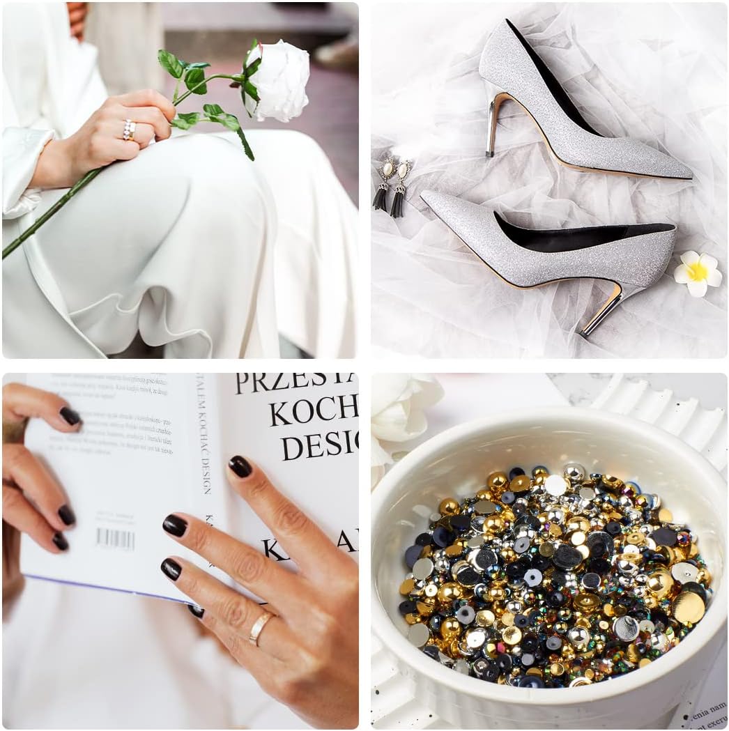 TANOSII 56g Flatback Pearls and Rhinestones 3mm-10mm Mix Half Round Pearls Resin Rhinestones for Crafts 1700PCS for DIY Nail Face Art Crafts Jewelry Decoration Black Gold - Image 6