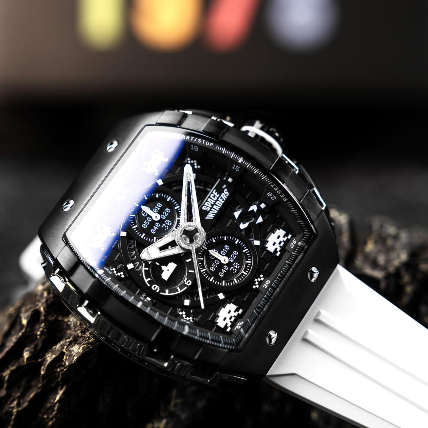 Арын view of Nubeo Space Magellan Chronograph Watch NB-6024 showing case back engravings.