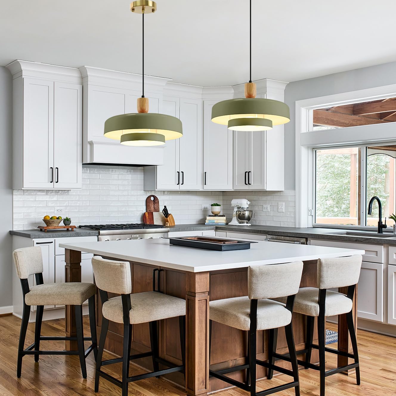 Olive Green Industrial Pendant Light Mid Century Chandelier Vintage 1-Light Hanging Fixture with Wood Accent 180cm Adjustable Cord E26 Base for Kitchen Island Bar Dining Room
