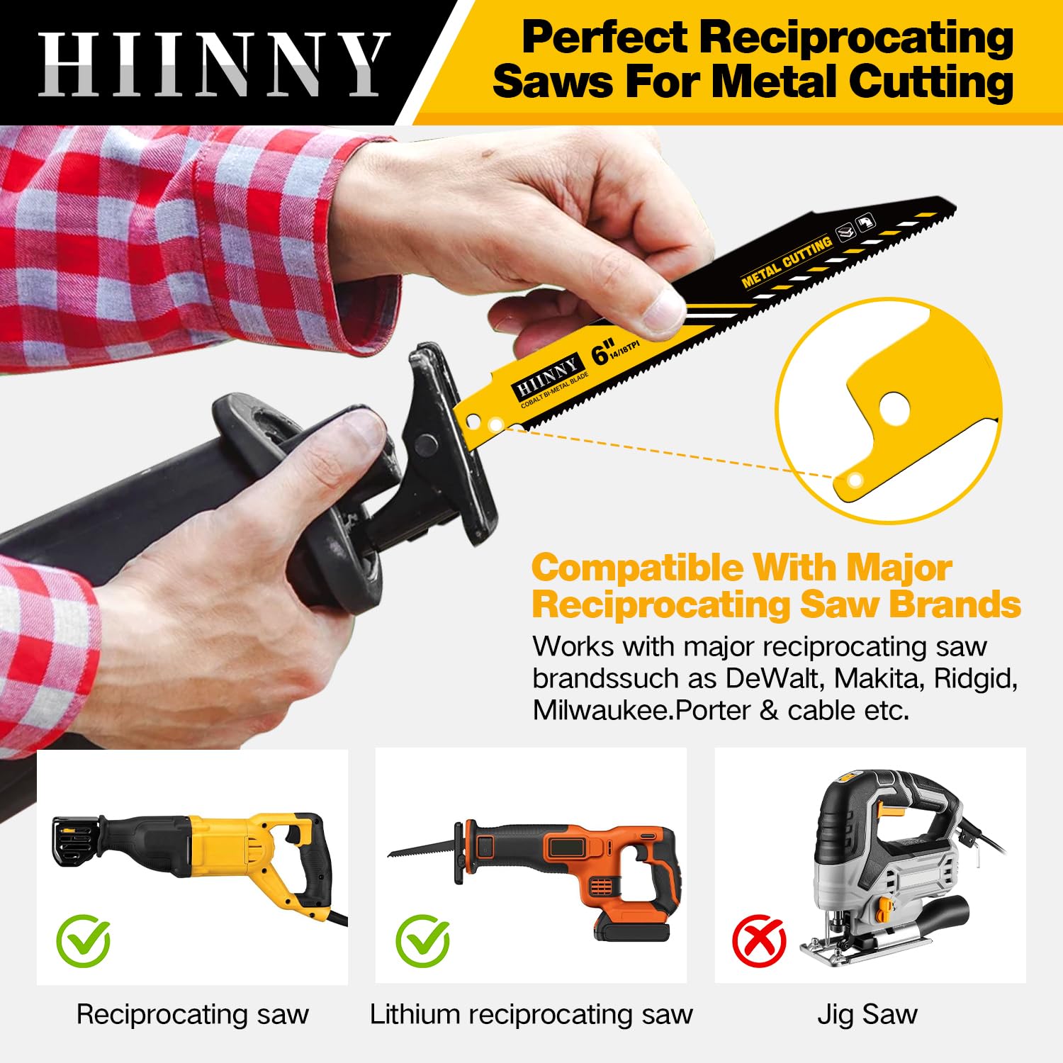 25 Pack 6 inch 14/18 TPI HIINNY Bi-Metal Auto Reciprocating Saw Blades,Blades Metal Cutting with M42 Teeth and Cobalt,for Automatic Dismantling Sawzall Blades for 1/16-5/16 Medium Metals