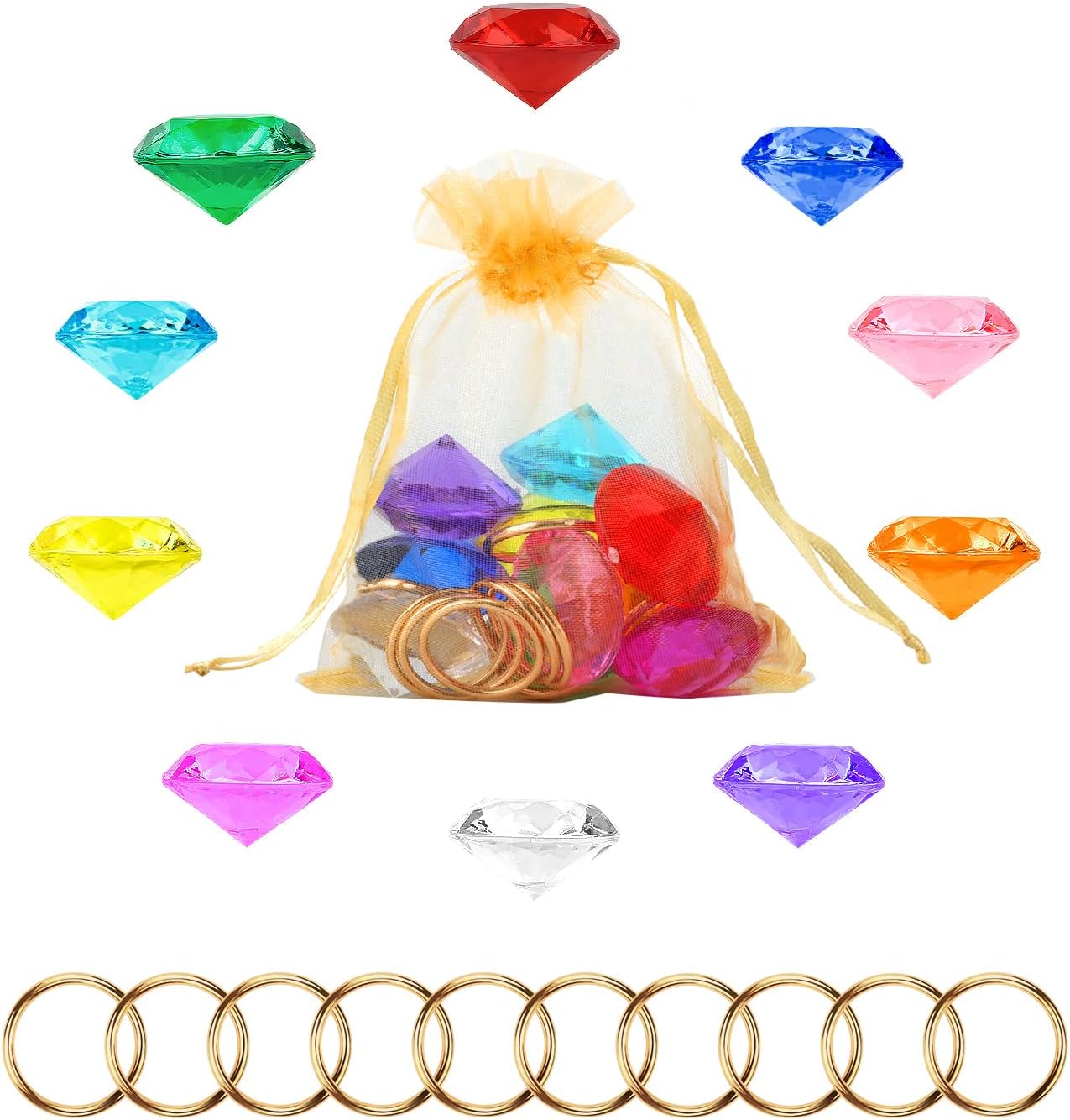 PEUTIER Chaos Emeralds and Rings Set, Include 10pcs Acrylic Crystal Diamond Gems with 10pcs Gold Power Rings Pirate Treasure Hunt Jewels for Kids Birthday Party Favor Supplies Cake Decoration