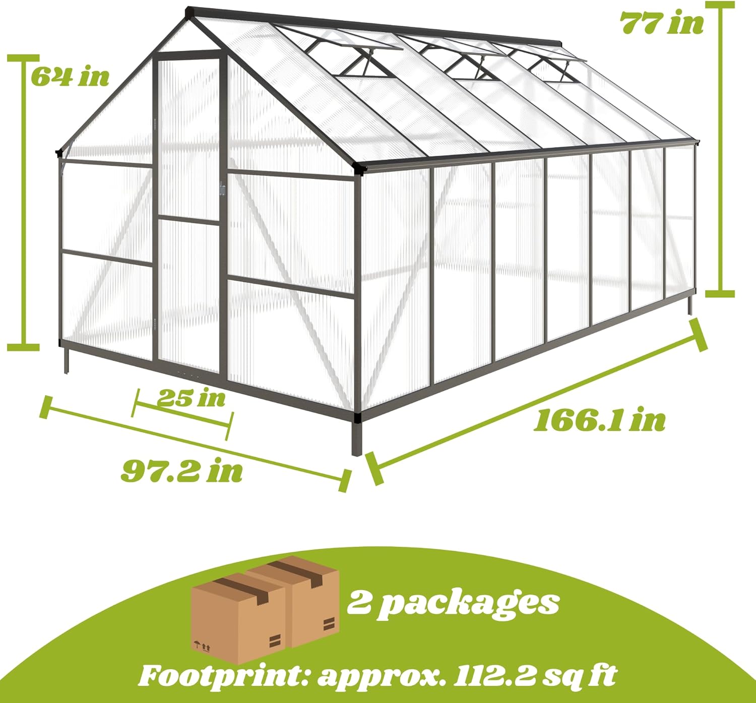 8x14 FT Greenhouse for Outdoors, Polycarbonate Greenhouse with Quick Setup Structure and Roof Vent, Aluminum Large Walk-in Green House for Outside Garden Backyard, Charcoal Black