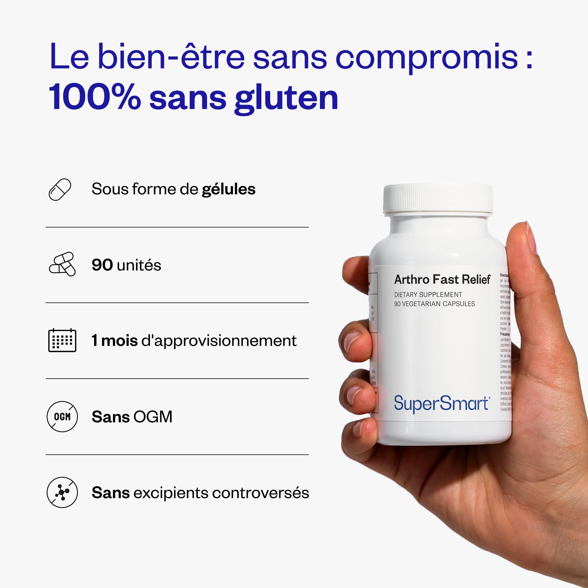 Arthro Fast Relief - Complément Alimentaire Articulations - Collagène Type 2 et PEA Validés Cliniquement, MSM, Astaxanthine, etc. - Douleurs Articulaires, Mobilité, Cartilage - 90 Gélules - SuperSmart