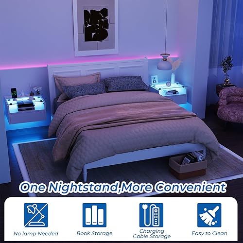 Miniatura 8 de yacchi home Juego de 2 mesitas de noche flotantes con estación de carga y LED, mesita de noche para sala de estar, pared de entrada, mesita de noche