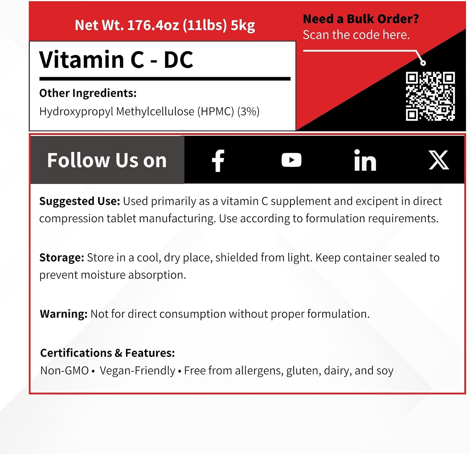 Vitamin C DC Powder - 5 kg (11 lb) - Ascorbic Acid & HPMC Blend - Tablet Binder Direct Compression DC Excipient Filler - Pure Antioxidant - USP/FCC/BP/PH-EUR