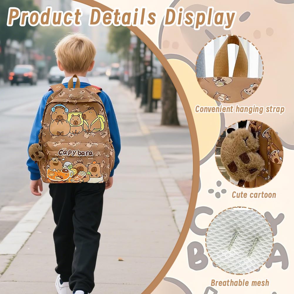 Capybara Backpack Kids, Mochila Capybara Escolar Schoolbag Gran Capacidad Capibara Boligrafos Borrable de Animales,Capibara Estuche De Silicona Suave & Llaveros Portalápices Regalo para Niños