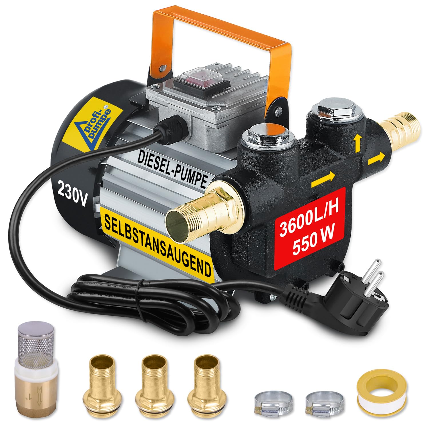 AMUR DIESELPUMPE 230V SELBSTANSAUGEND Heizölpumpe Leistungstarker Motor mit 370 Watt maximal 2800 U/Mininute Maximale Fördermenge 3.600L/h 60L/Minute Maximaler Druck 3,6 bar Set Standard-4 Kabel 1m