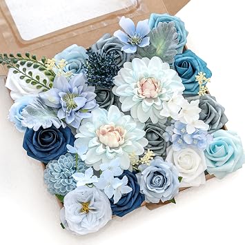 Artificial Flower Box Set Silk Fake Flowers DIY Center Cake Decoration Wedding Bouquet Corsage Home Decor Outdoor Decor Gift Blue