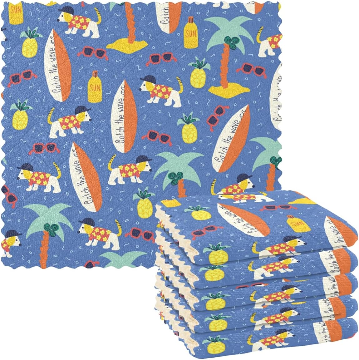 Akiraki キッチンクロス いぬ 犬柄 パイナップル ブルー おもしろ ハワイ 可愛い ふきん 雑巾 吸水 速乾 汚れ落とし キッチン 台拭き 6枚セット 食器ふきん おしゃれ ぞうきん 家庭用 洗車 28x28cm Faz Co Zm