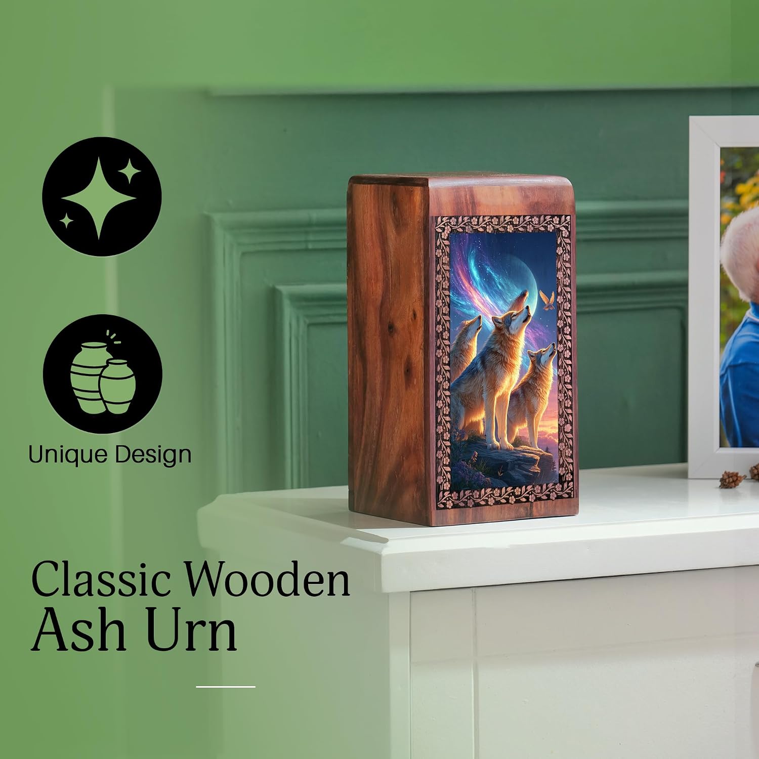Wolf Custom Wooden Boxes - Northern Light Urns for Human Ashes Women - Moon Mini Wood Box 5 Inch - Small Personalized Engraved Urns - Funeral Urn for Father Ashes - Memorial Adult Male Cremation Urn