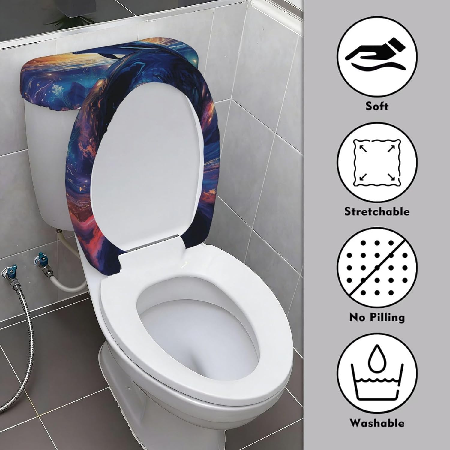 2 Pcs Toilet Lid Cover and Toilet Tank Lid Cover, Washable Toilet Cover with Elastic Bottom Replacement Soft Stretch Toilet Seat Cover Set Colorful Starry Sky Ocean Dolphin Bathroom Decor image 3