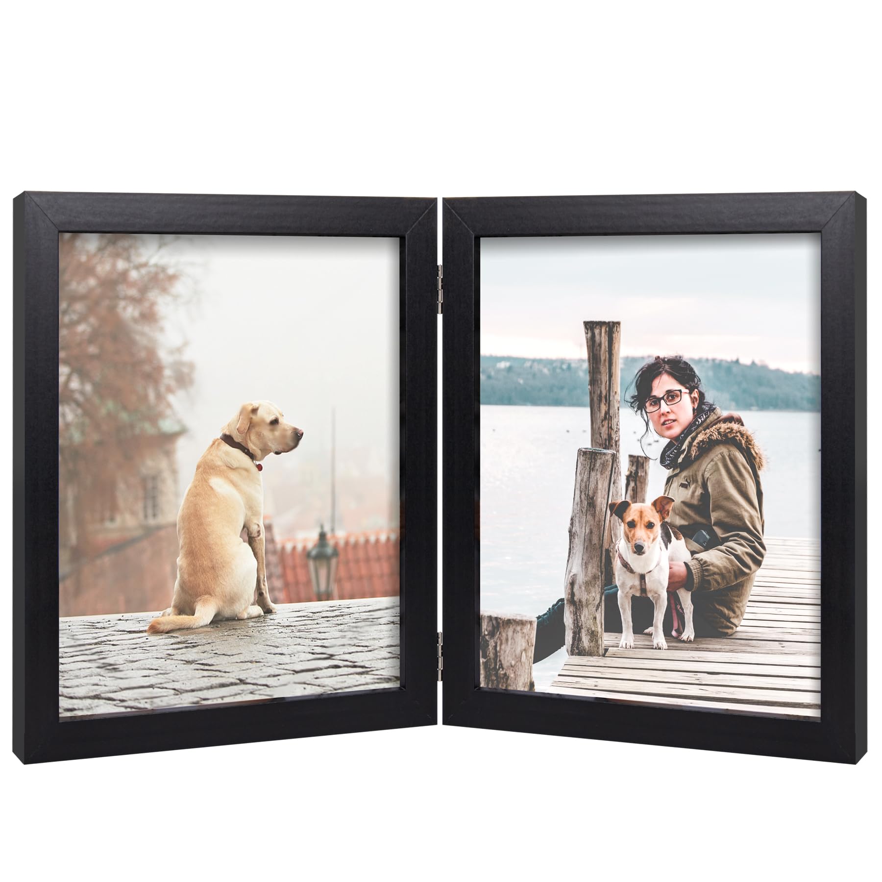 8x10 Double Picture Frame Wooden Hinged Photo Frame Definition Glass Stand Vertically on Desktop or Tabletop Black
