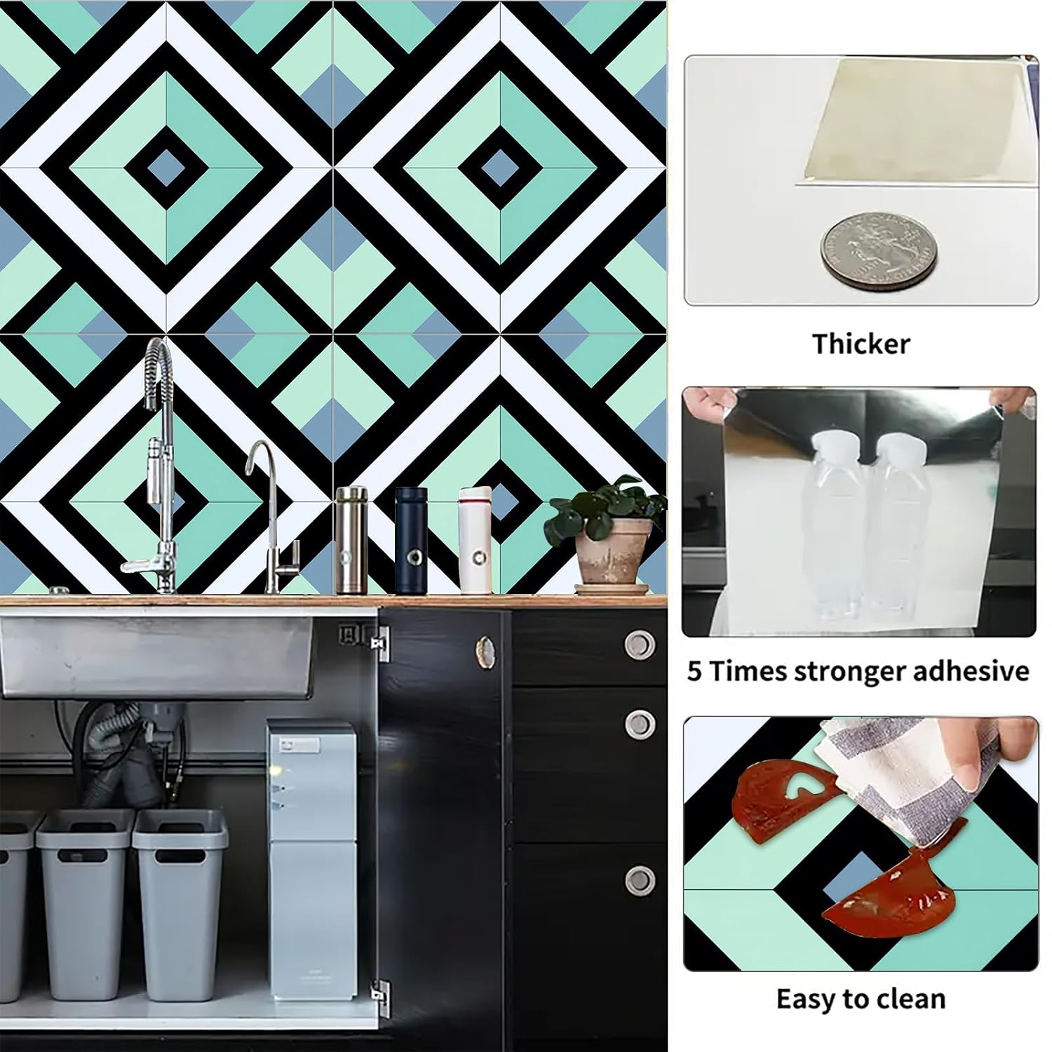 10PCS Peel and Stick Floor Tiles 12x12 Inch Black White Green Diamond Geometric Self Adhesive Vinyl Flooring Modern Bold Design for Kitchen Bathroom Bedroom Living Room