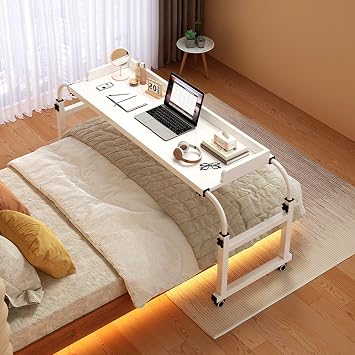 Stretchable Multi-Functional Overbed Table, Adjustable Height Length Office Study Desk Mobile Overbed Computer Laptop Desk, Couch Snack Side Table with Wheels, for Hospital and Home Color W
