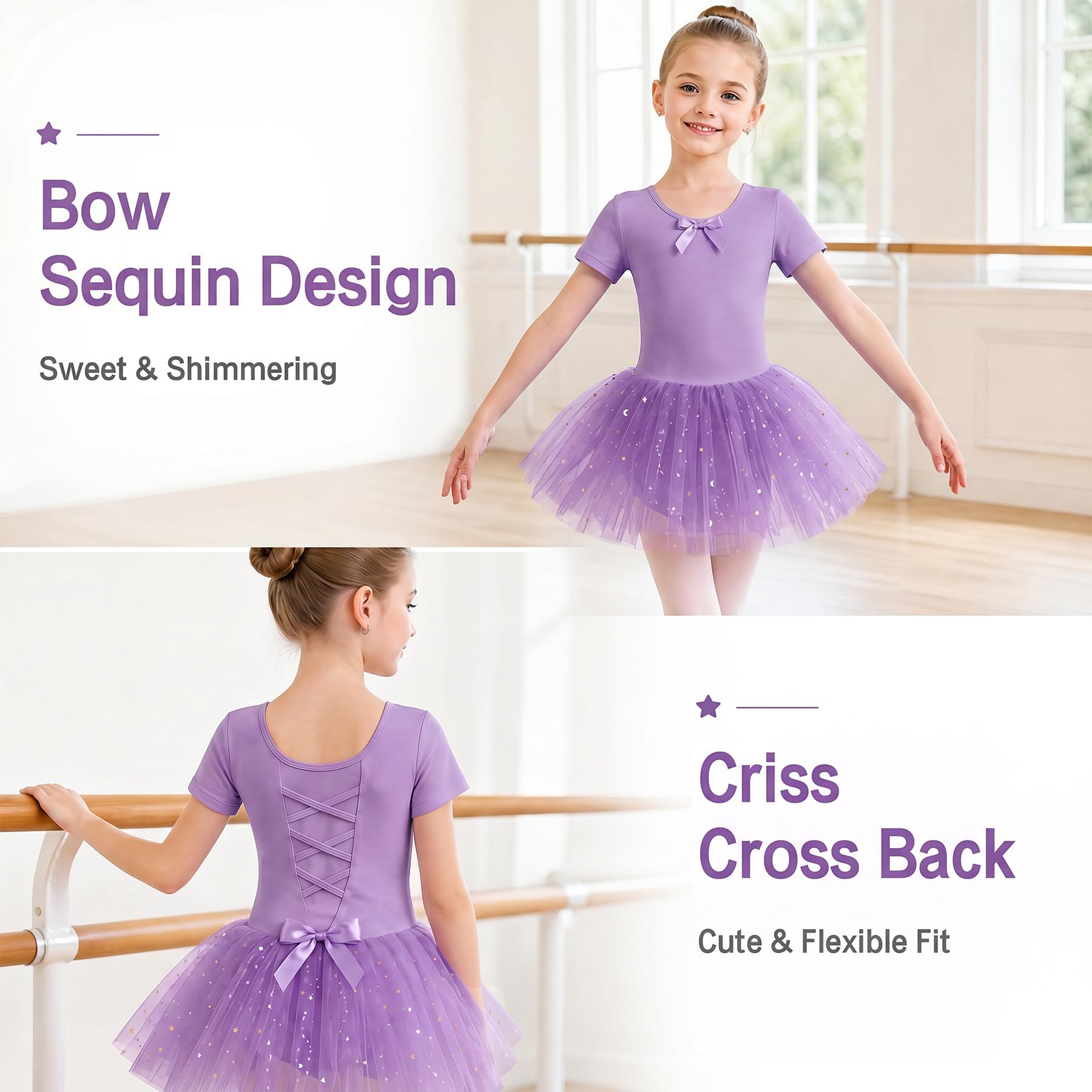 JinBei Robe Ballet Fille Coton Justaucorps avec Jupe Tutu Paillettes Manches Courtes Tutu Danse Classique Filles Confortable Costume Enfant pour Spectacle Compétition Quotidien, 2-9 Ans