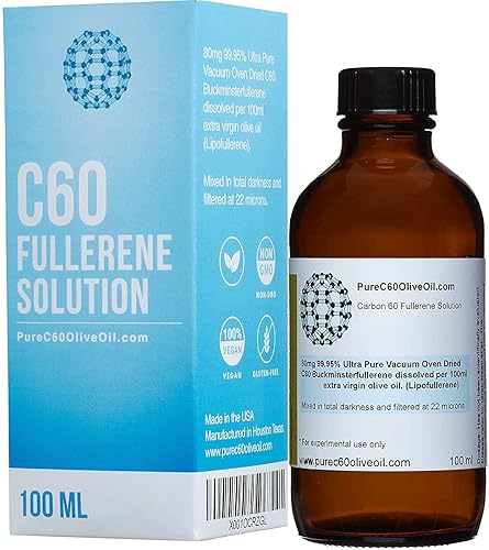 PureC60OliveOil C60 Aceite de oliva 3.4fl oz 3.4 onzas lĂquidas - 99.95% carbono 60 sin disolventes 80 mg - Botella de vidrio ámbar - Grado PureC60OliveOil C60 Aceite de oliva 3.4fl oz 3.4 onzas lĂquidas - 99.95% carbono 60 sin disolventes 80 mg - Botella de vidrio ámbar - Grado